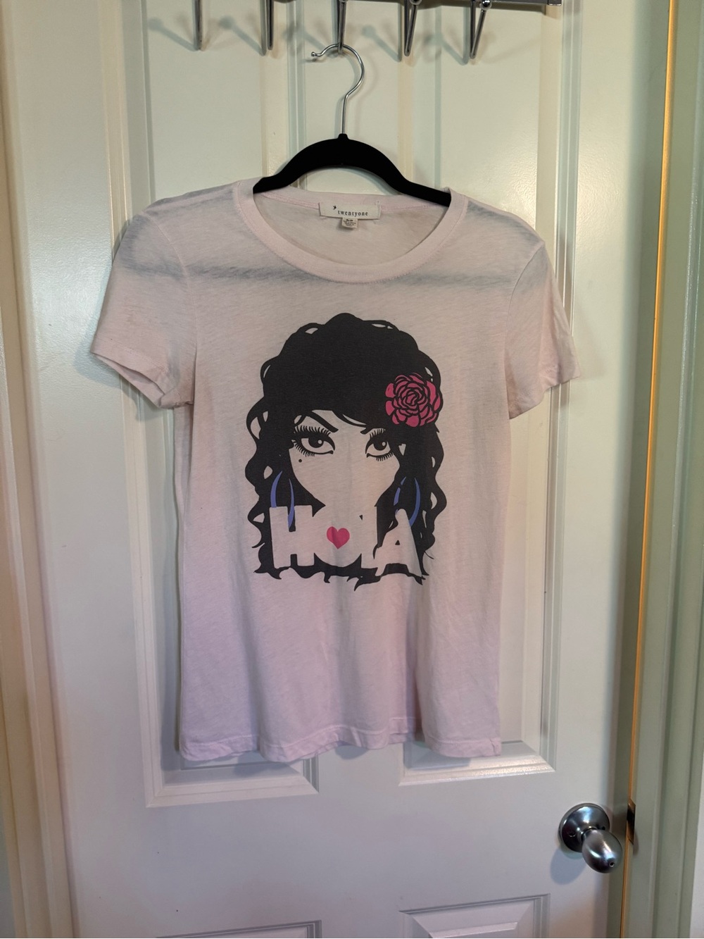 Forever 21 Light Pink Graphic Tee with Black Portrait and Pink Rose